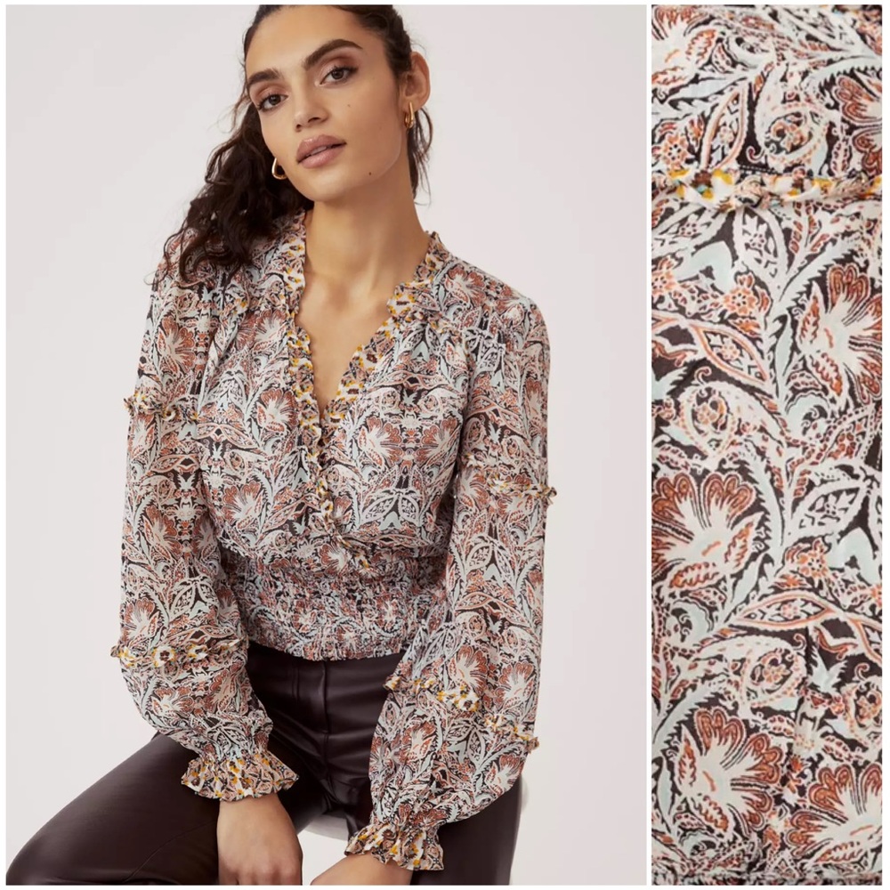 ANTHROPOLOGIE XS S NEW Printed Ruffle Blouse • Soft Autumn Abstract Floral